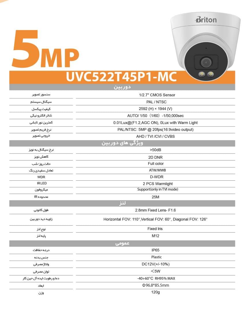 دیتاشیت دوربین 5 مگاپیکسل دام برایتون مدل 522T45P فروشگاه دیدپلاس بزرگترین نمایندگی برایتون و داهوا و انواع دزدگیر اماکن در ایران