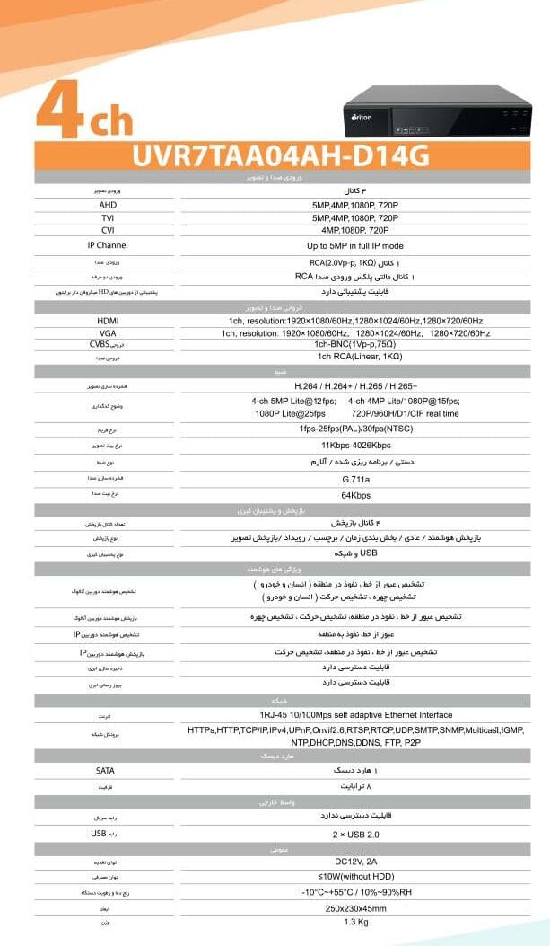 دیتاشیت دستگاه DVR 5 مگاپیکسل برایتون مدل 04AH با بهترین قیمت در فروشگاه دیدپلاس نمایندگی برایتون و داهوا در ایران
