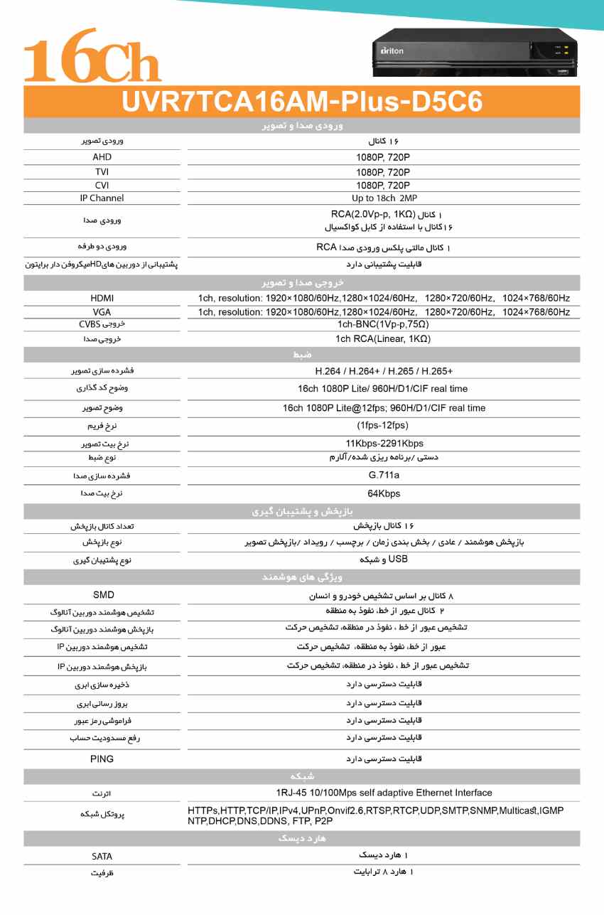 دیتاشیت دستگاه DVR 2 مگاپیکسل برایتون مدل 16am با بهترین قیمت در فروشگاه دیدپلاس نمایندگی برایتون و داهوا در ایران