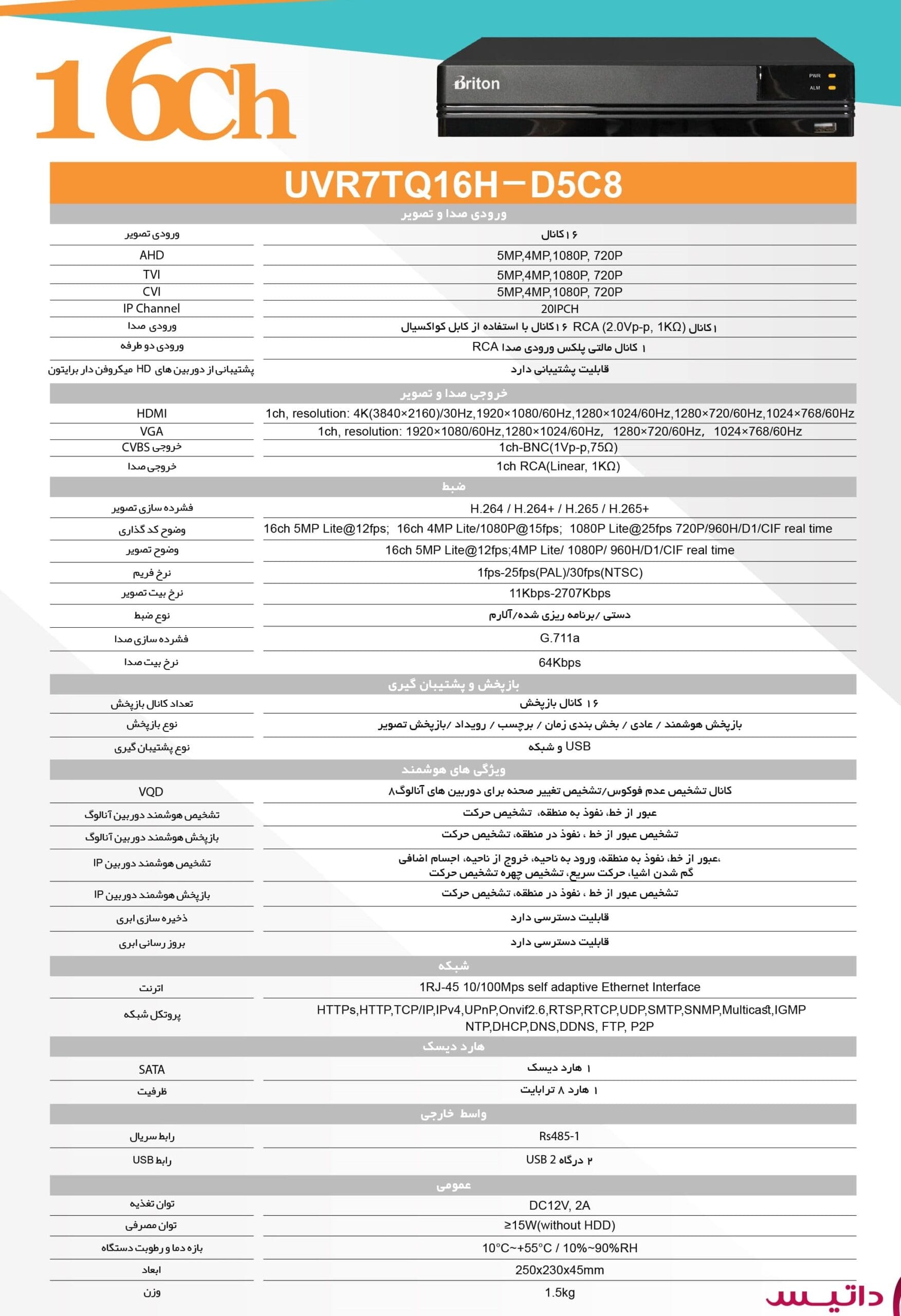 دیتا شیت دستگاه برایتون مدل 16h دیدپلاس نمایندگی برایتون با بهترین قیمت