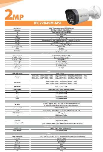 دیتاشیت دوربین مداربسته تحت شبکه 2 مگاپیکسل برایتون مدل IPC-72B49M-MSL فروشگاه دیدپلاس نمایندگی برایتون و داهوا در ایران